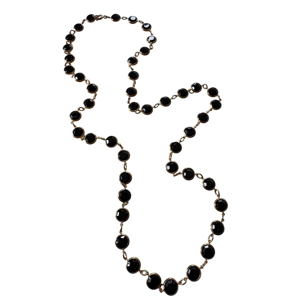 Vintage 1980s Black‎ Bezel Set Lucite Crystal Statement Necklace Long Gold Tone